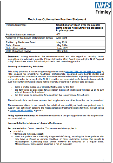 003 MOG Position Statement- Conditions for which over the counter items should not be routinely prescribed
