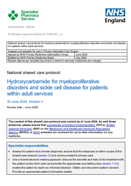 Hydroxycarbamide for myeloproliferative disorders and sickle cell- shared care