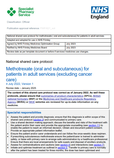 Methotrexate (oral and subcutaneous) for patients in adult services (excluding cancer care)- shared care