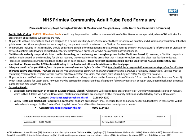 NHS Frimley ADULT tube feed formulary