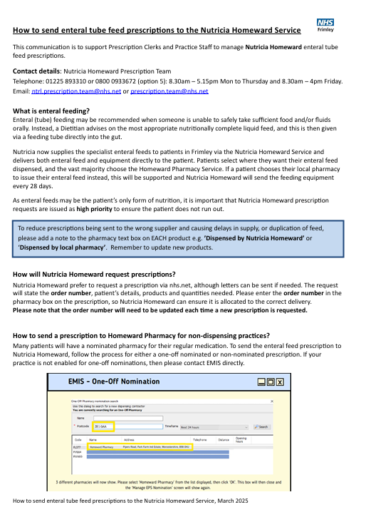 How to send enteral tube feed prescriptions to the Nutricia Homeward Service