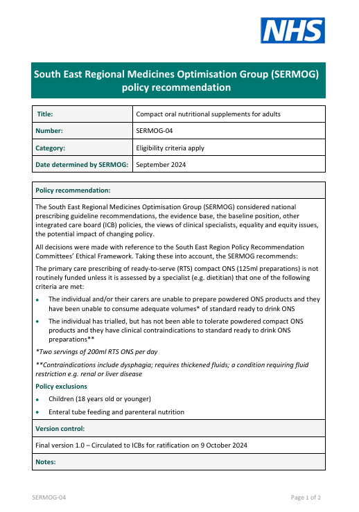 Compact oral nutritional supplements (ONS) for adults (SERMOG 04)