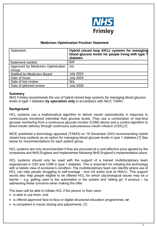 026 MOG Position Statement- Hybrid closed loop (HCL) systems for managing blood glucose levels for people living with type 1 diabetes