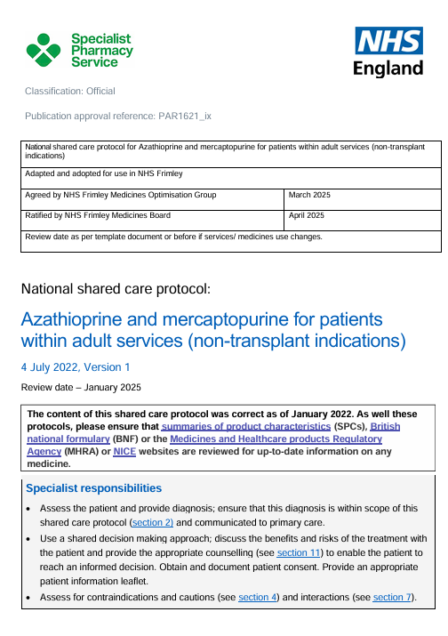 Azathioprine and mercaptopurine for patients within adult services (non transplant indications)