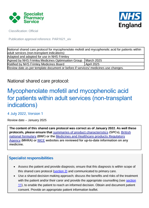 Mycophenolate for patients within adult services (non-transplant indications) - shared care