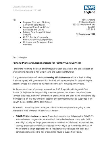 B1992 Funeral Plans and Arrangements for Primary Care Services letter 120922