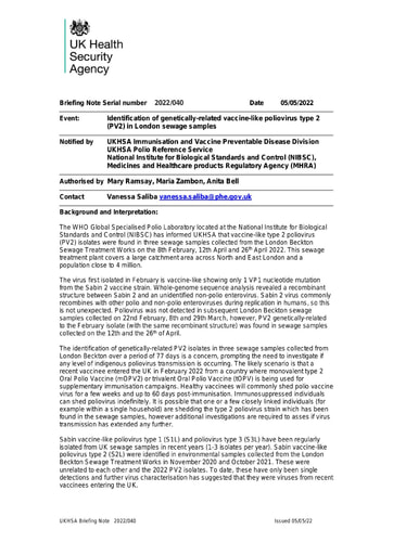 Identification of poliovirus type 2 (PV2) in London sewage v1 0