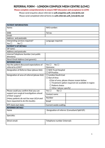 Referral Form London Complex Mesh Centre