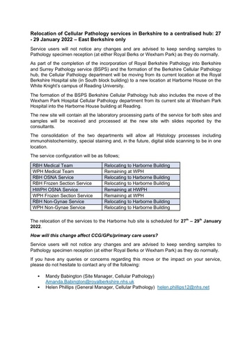 Relocation of Cellular Pathology services in Berkshire to a centralised hub