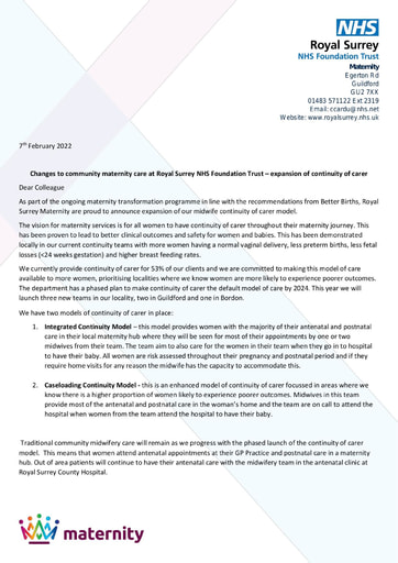 Primary Care Letter midwife continuity of carer team launch Feb 2022