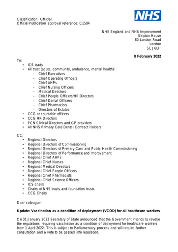 C1584 Update Vaccination as a condition of deployment (VCOD) for all healthcare workers letter 080222