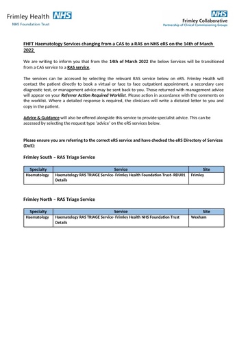 Haematology Service Moving from a CAS to a RAS final 01 03 2022