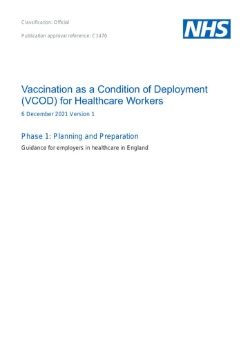 C1470 Vaccination as a Condition of Deployment (VCOD) for Healthcare Workers planning and preparation guidance