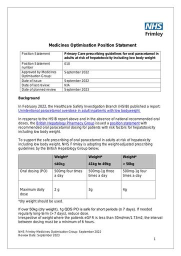 010 MOG Position Statement- primary care prescribing guidelines for oral paracetamol in adults at risk of hepatotoxicity (including low body weight)