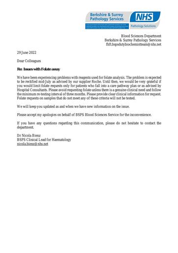 2022 06 29 folate reagent supply  comms to Berkshire GPs