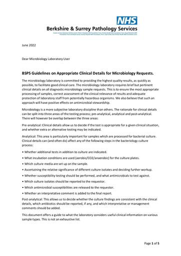 Additional BSPS Guidelines on Appropriate Clinical Details for Microbiology Requests