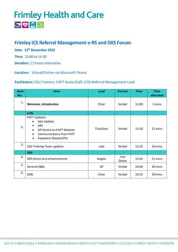 13th December 2022 ICS DXS eRS CSU Support Agenda