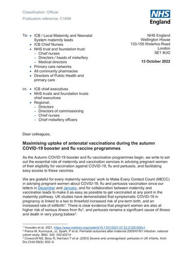 C1698 Maximising uptake of antenatal vaccinations during the autumn COVID 19 booster and flu vaccine programmes 131022