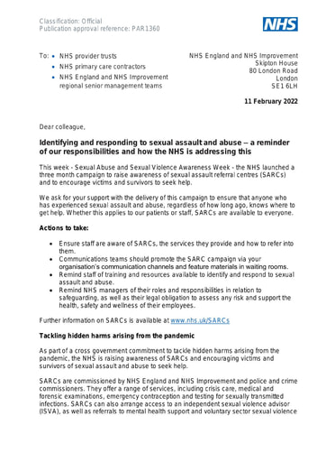 B1360 Identifying and responding to sexual assault and abuse a reminder of our responsibilities and how the NHS is addressing this 110222