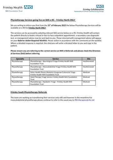 Physio Frimley North on eRS Final Version 2 1 26 01 2022