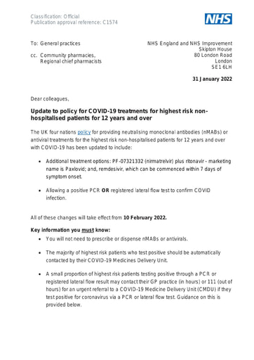 C1574 Letter to general practices deployment of COVID 19 treatments for highest risk non hospitalised patients 310122