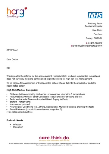 Reject letter Podiatry June 22