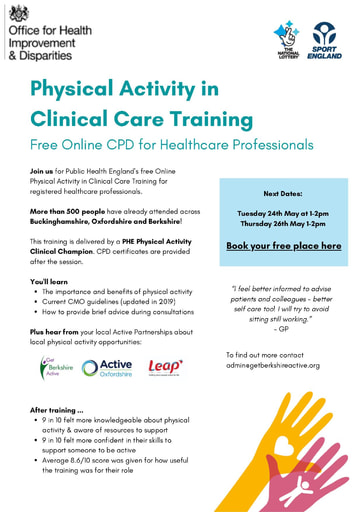 PHE Physical Activity in Clinical Care Flyer BOB May Dates