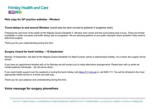 Website copy for GP practice websites (Windsor)