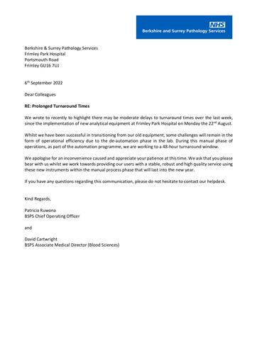 BSPS turnaround delays letter