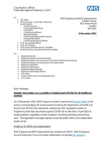C1471 Update Vaccination as a condition of deployment (VCOD) for all healthcare workers