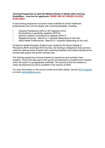 Training Programme to meet the Medical Needs of Adults with Learning Disabilities