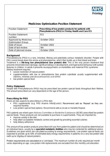 011 MOG Position Statement- prescribing low protein products for phenylketonuria (PKU)