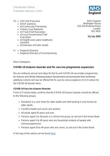 C1674 COVID 19 Autumn booster and flu vaccine programme expansion 150722