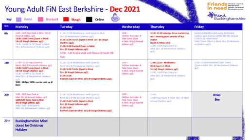 Friends In Need Timetable drop-ins December 2021