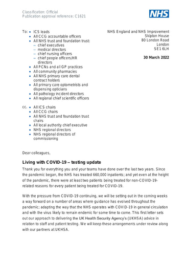 C1621 Living with COVID 19 testing update letter 300322
