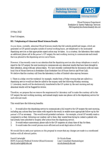 2022 05 19 CCG comms re telephoning of abnormal results