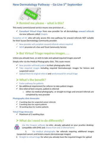 New Dermatology Pathway additional details and contacts
