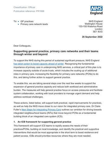 B1998 Supporting general practice primary care networks and their teams through winter and beyond September 2022