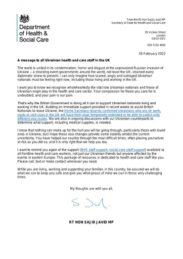 SofS Letter to Ukrainian Health and Care Staff