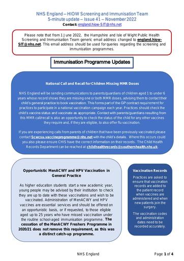 NHS England HIOW Screening and Immunisation