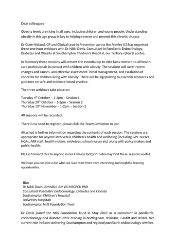 Paediatric Obesity Webinars info