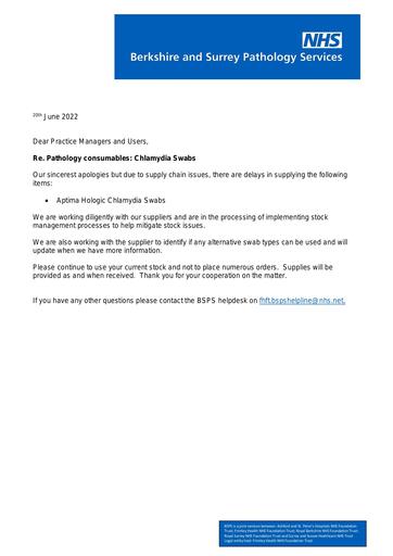 Supply shortage Chlamydia swabs