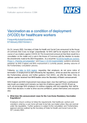 C1584 Vaccination as a condition of deployment (VCOD) for healthcare workers FAQ 080222
