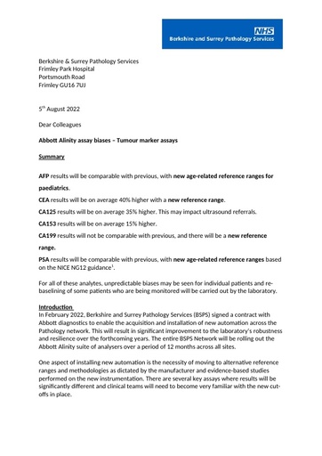 Abbott Alinity tumour markers assays clinical comms