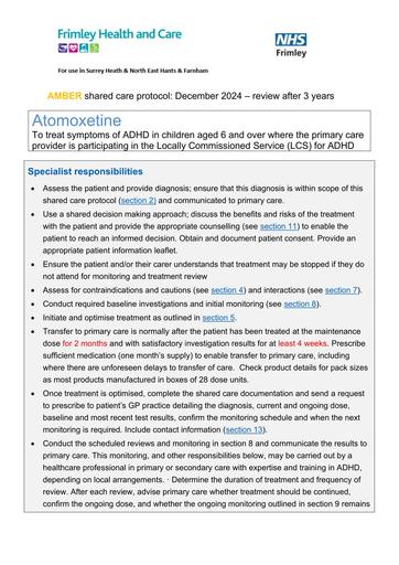 Atomoxetine shared care for CYP (SABP)