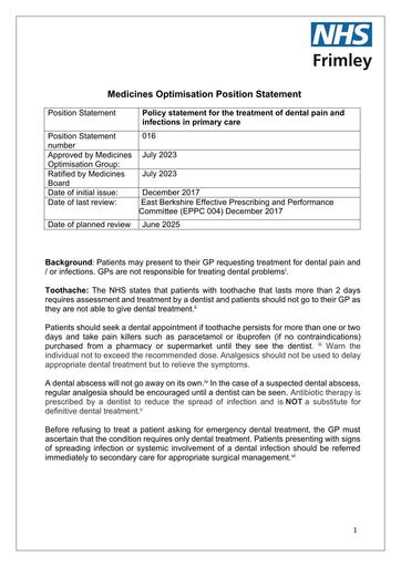 016 MOG Position Statement- Treatment of dental pain and infections in primary care