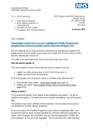 C1511 Information on the Government’s additional COVID 19 advice for people whose immune system means they are at higher risk 040122