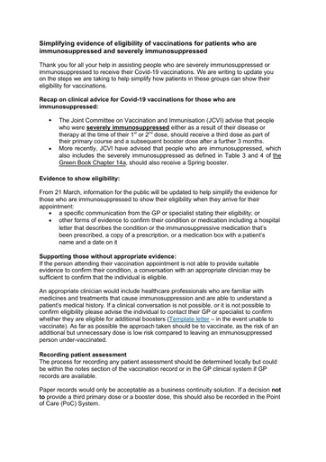 Simplifying evidence of eligibility of vaccinations for patients who are immunosuppressed and severely immunosuppressed