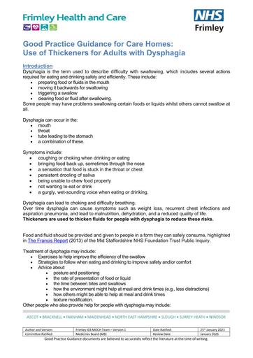 Use of thickeners for adults with dysphagia- good practice guide