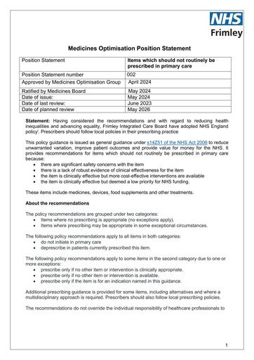 002 MOG Position Statement - Items which should not routinely be prescribed in primary care